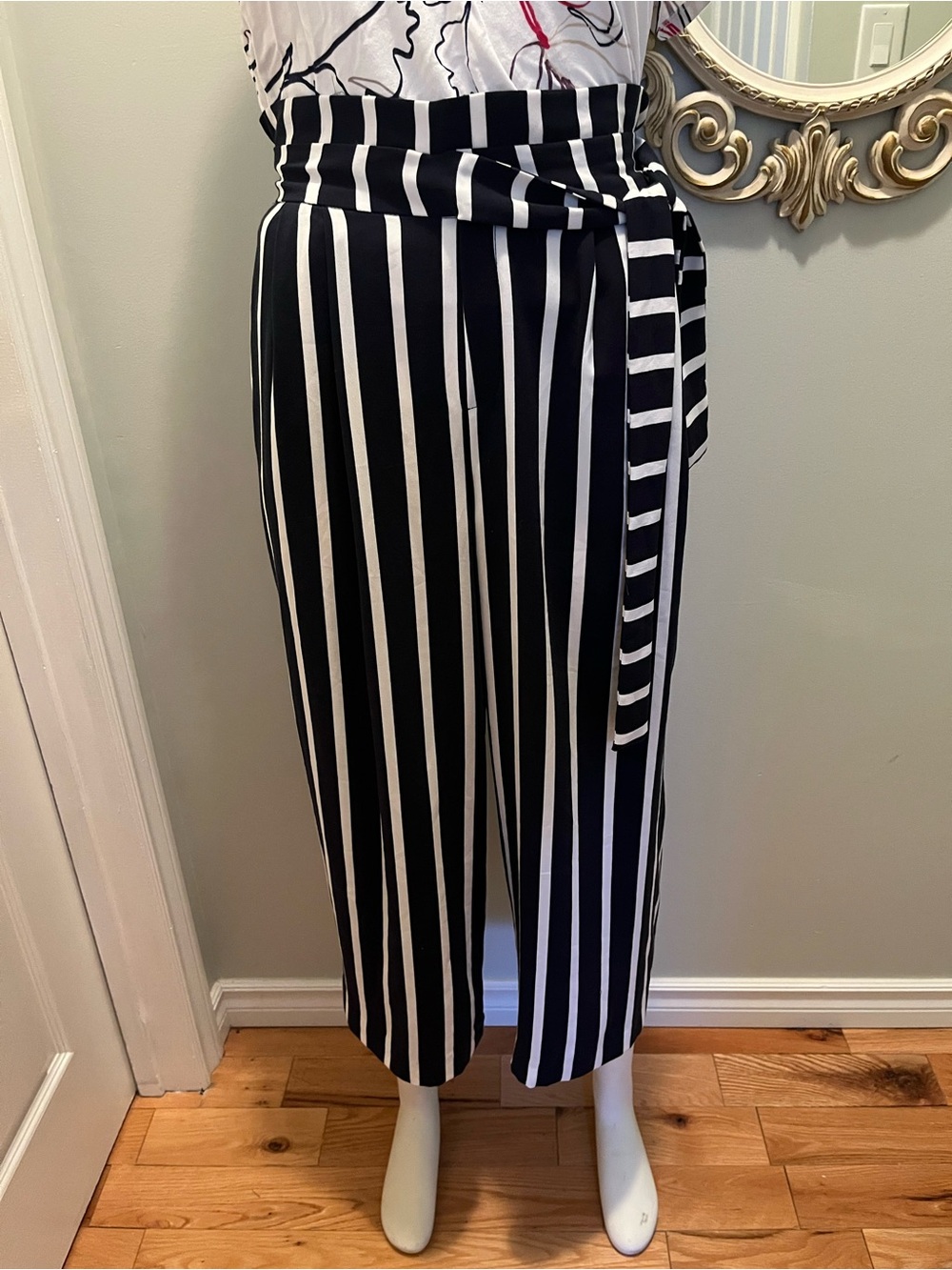Zara Navy Blue & White Vertical Stripe Wide-Leg Pants with Tie